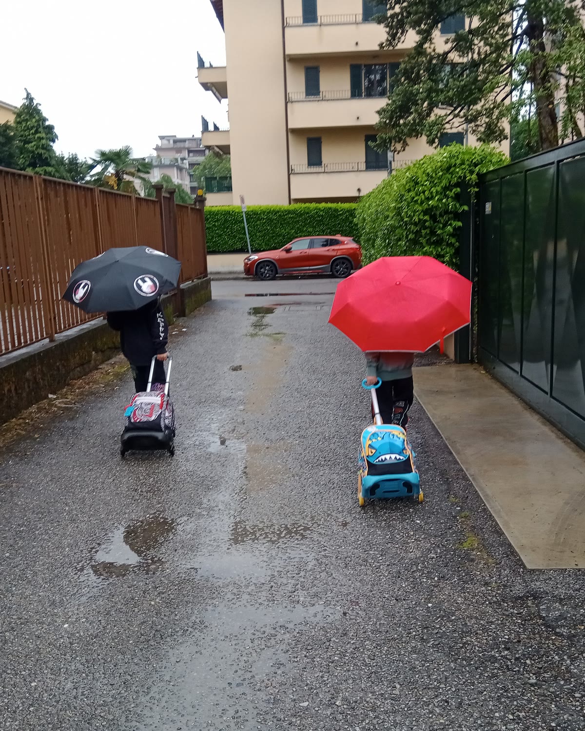 Duas crianças de costas, com guarda-chuvas e mochilas de rodinha, a caminho da escola num dia de chuva